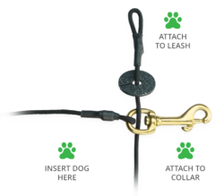 Graphic showing the details and main features of the custom-made Calming Cord ™ slip harness